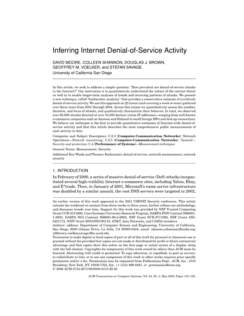 Inferring Internet Denial-Of-Service Activity