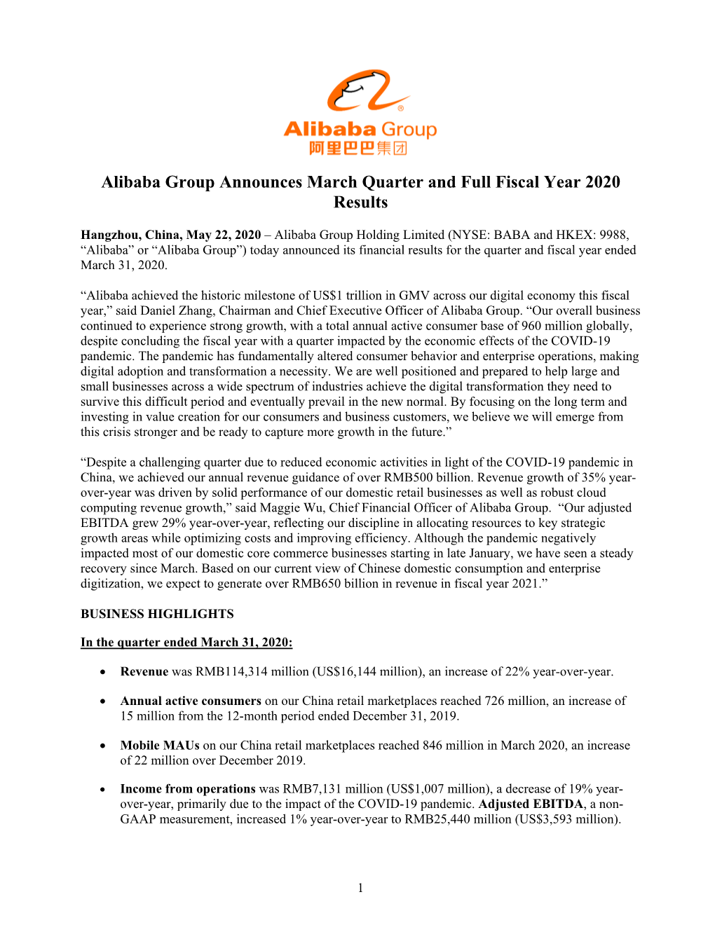 Alibaba Group Announces March Quarter and Full Fiscal Year 2020 Results