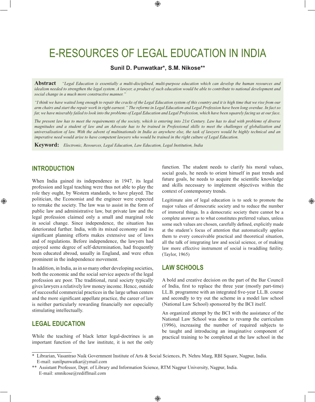 E-Resources of Legal Education in India Sunil D