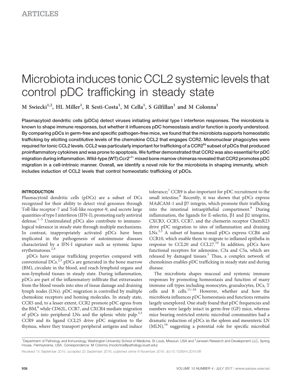 Microbiota Induces Tonic CCL2 Systemic Levels That Control Pdc Trafficking in Steady State
