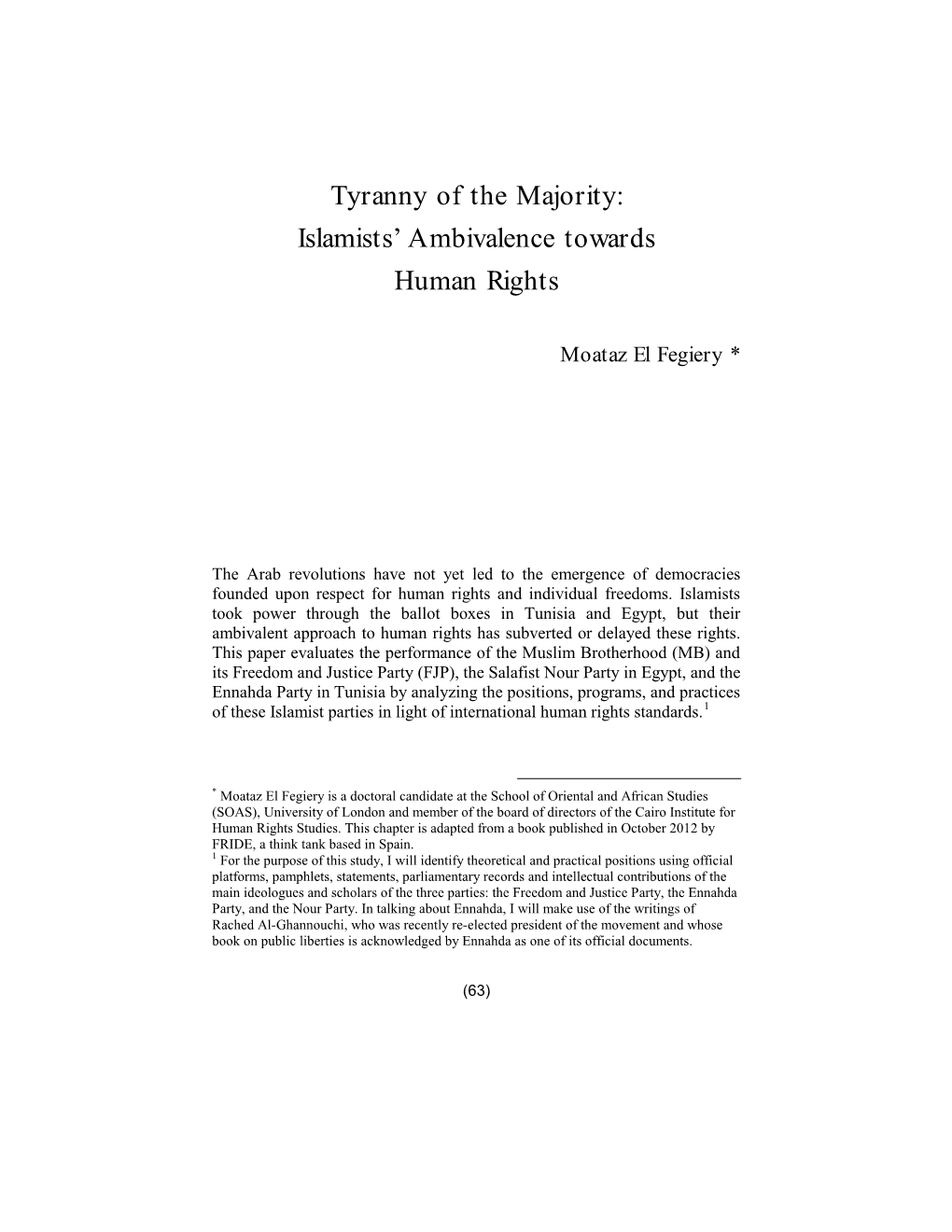 Tyranny of the Majority: Islamists' Ambivalence Towards Human Rights