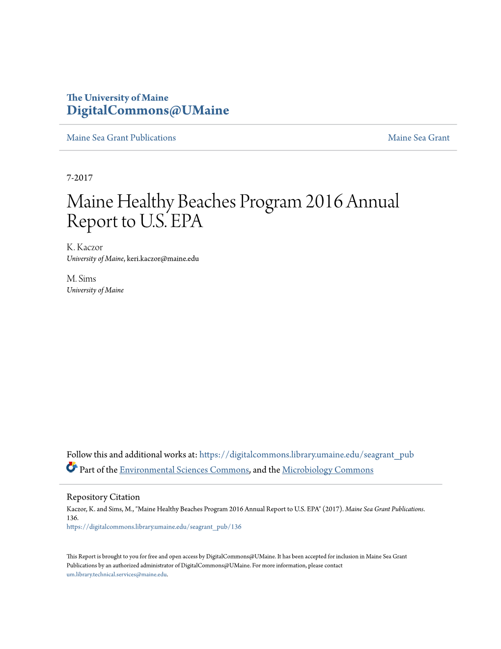 Maine Healthy Beaches Program 2016 Annual Report to U.S. EPA K