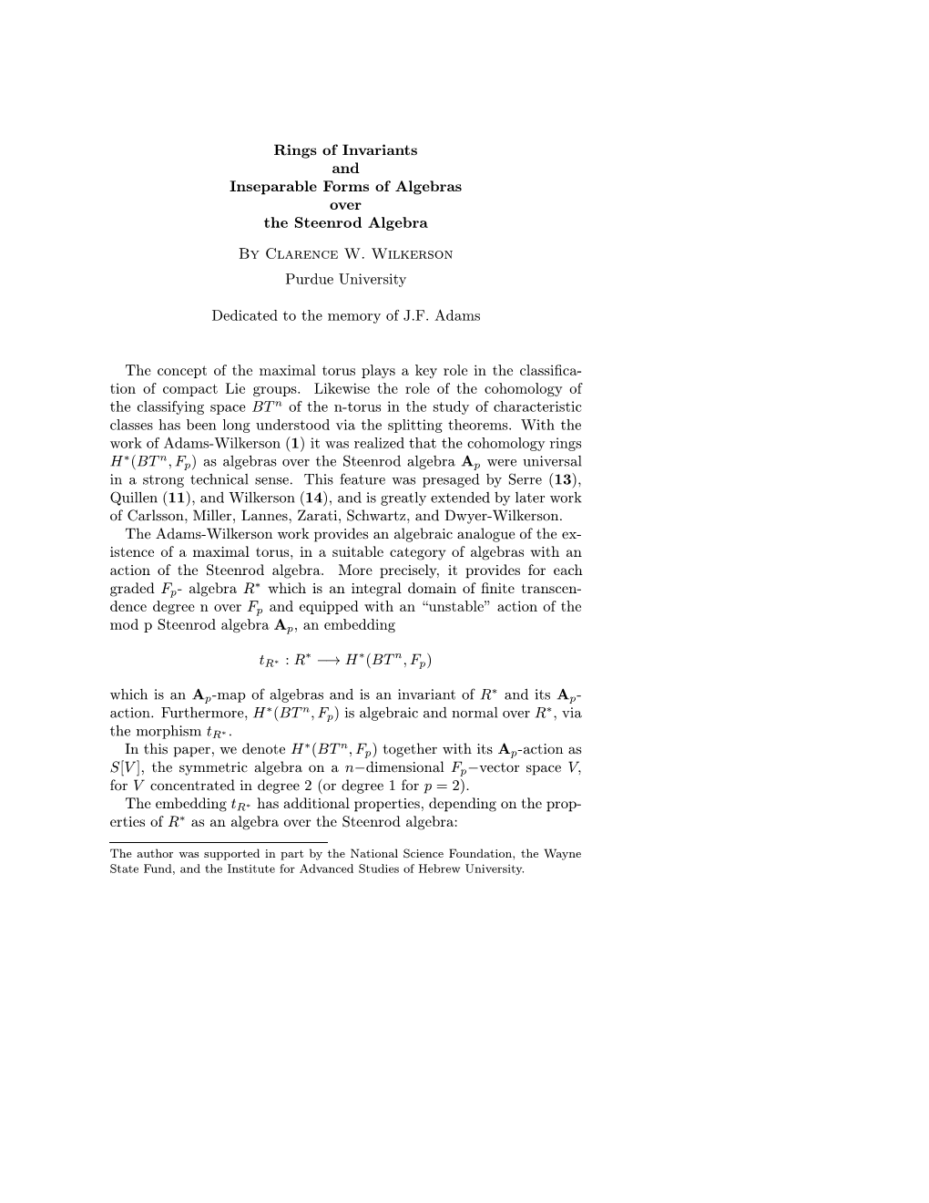 Rings of Invariants and Inseparable Forms of Algebras Over the Steenrod Algebra by Clarence W