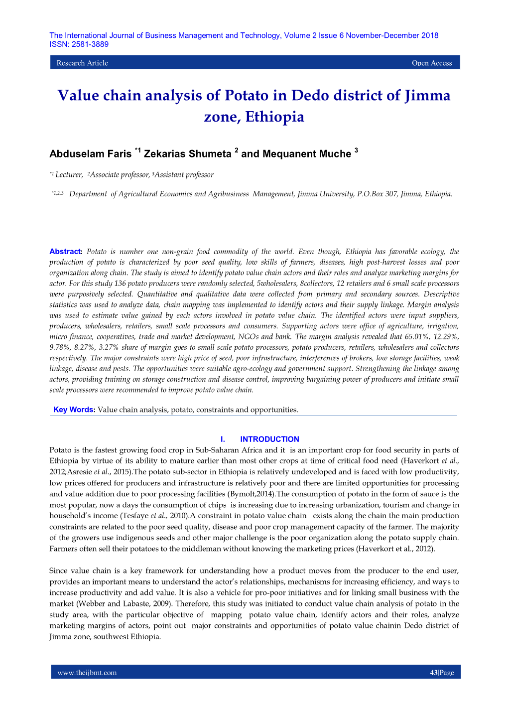 Value Chain Analysis of Potato in Dedo District of Jimma Zone, Ethiopia