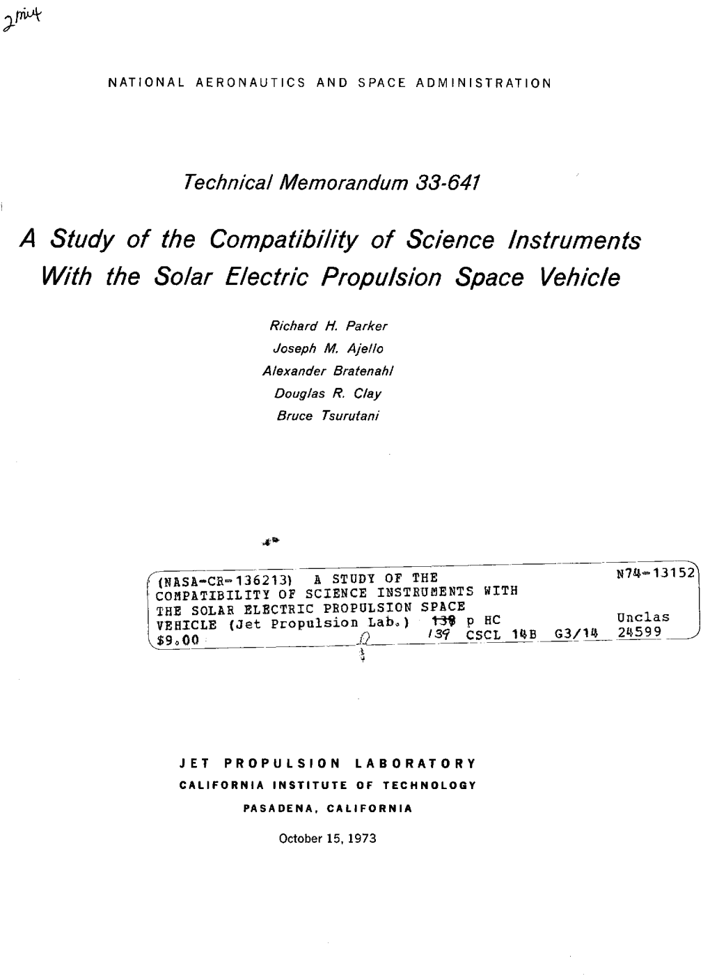 A Study of the Compatibility of Science Instruments with the Solar Electric Propulsion Space Vehicle