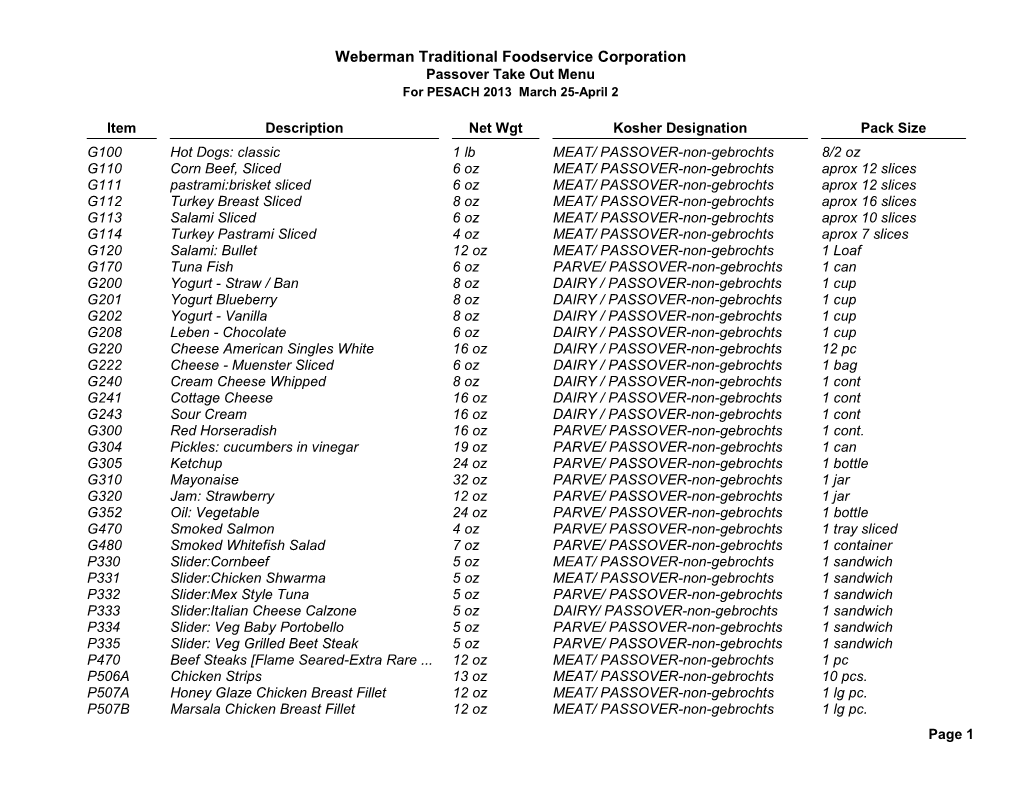 Weberman Traditional Foodservice Corporation Passover Take out Menu for PESACH 2013 March 25-April 2