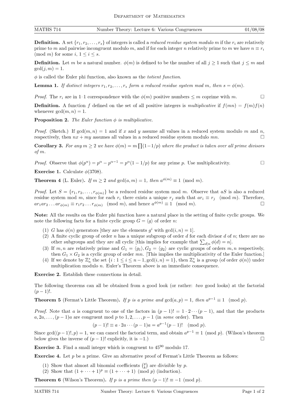 Department of Mathematics MATHS 714 Number Theory: Lecture 6