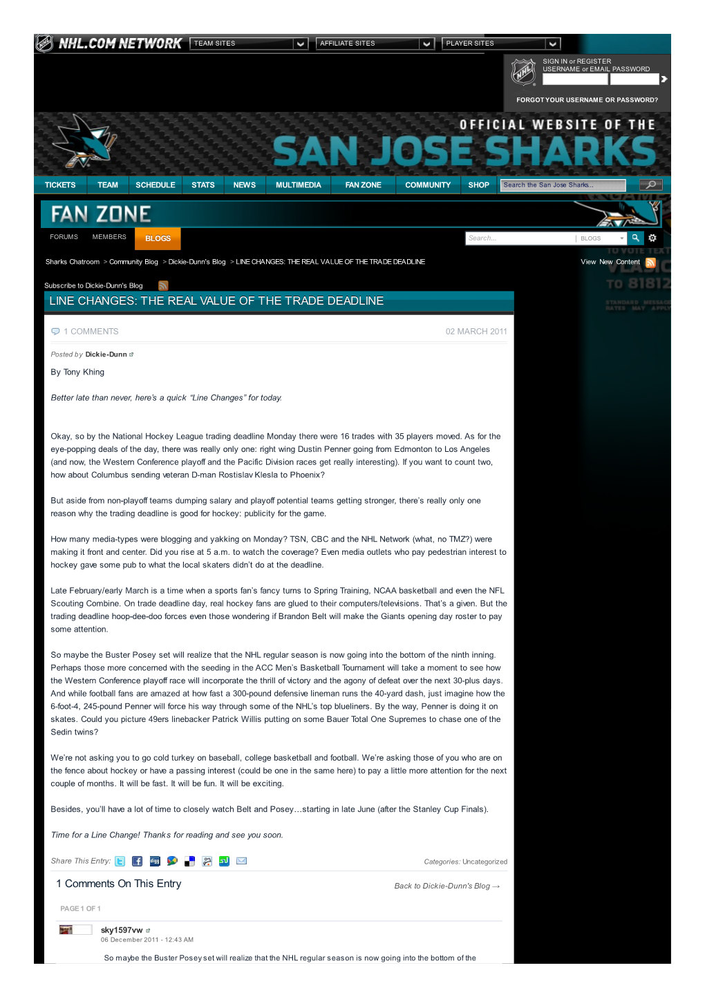 Sharks Chatroom > Community Blog > Dickie-Dunn's Blog > LINE CHANGES: the REAL VALUE of the TRADE DEADLINE View New Content