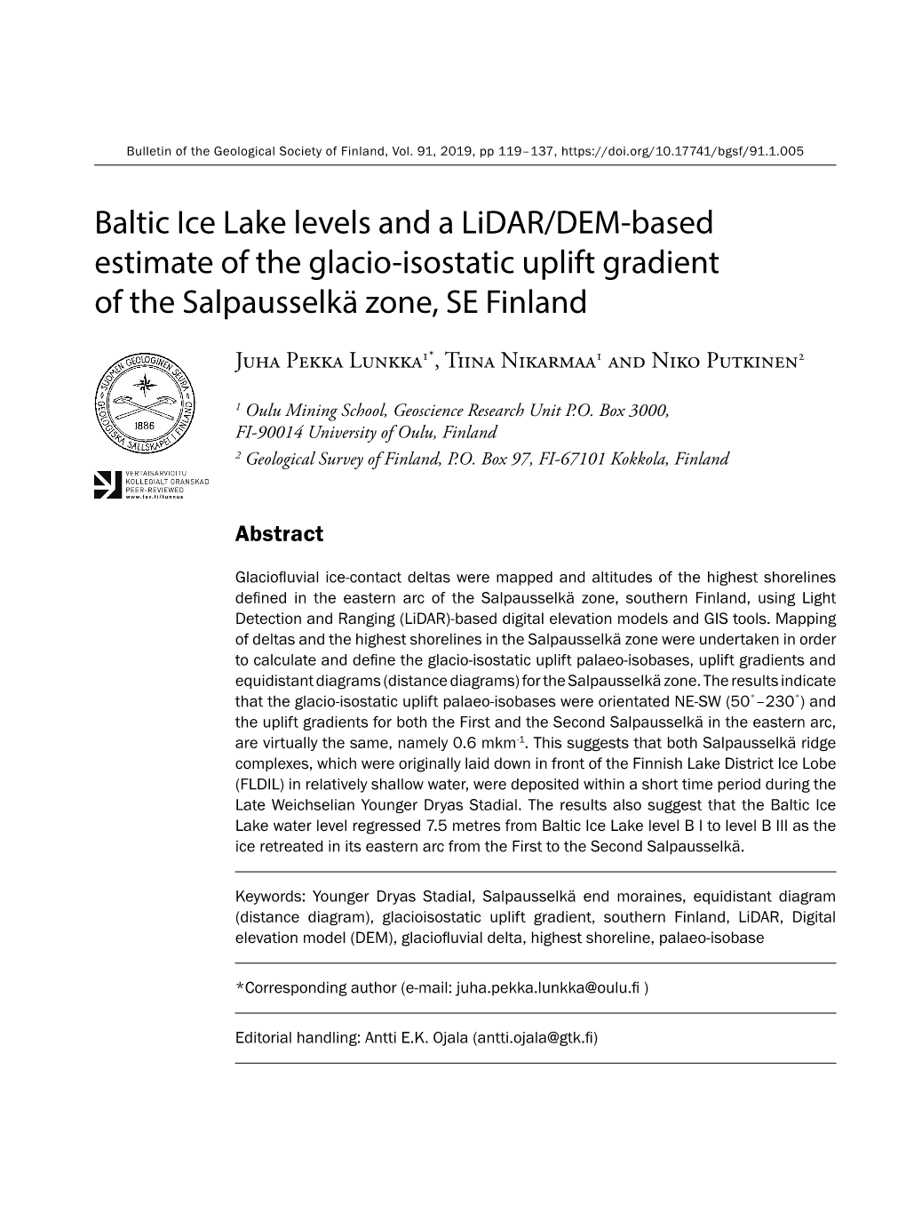 Baltic Ice Lake Levels and a Lidar/DEM-Based Estimate of the Glacio-Isostatic Uplift Gradient of the Salpausselkä Zone, SE Finland