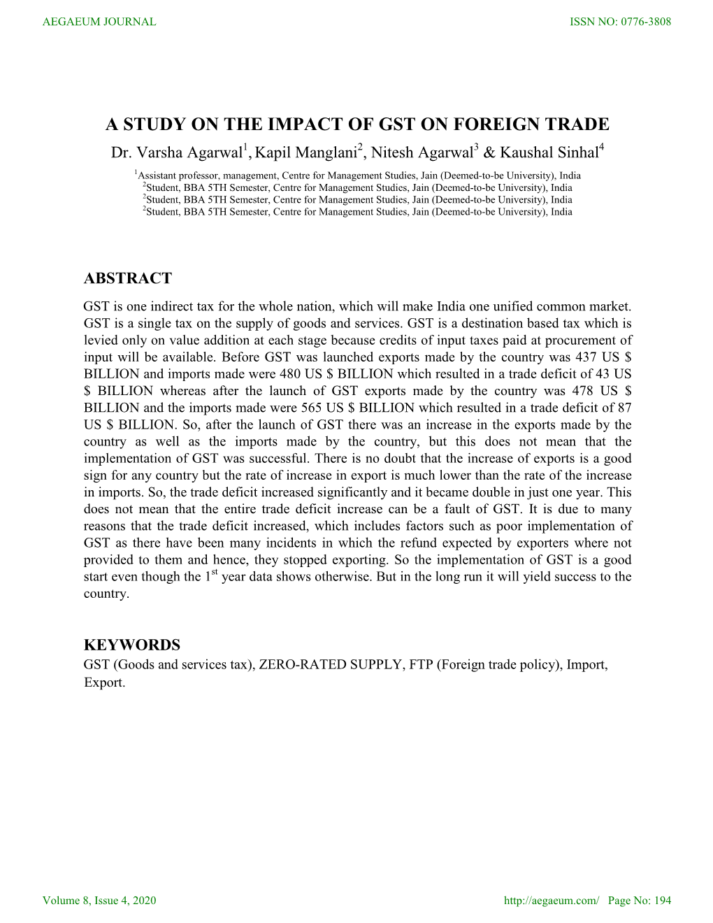 A STUDY on the IMPACT of GST on FOREIGN TRADE Dr