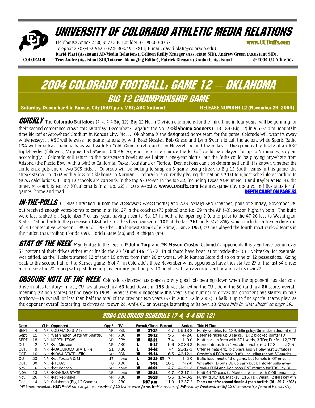 2004 COLORADO Football: GAME 12 — OKLAHOMA BIG 12 CHAMPIONSHIP GAME Saturday, December 4 in Kansas City (6:07 P.M