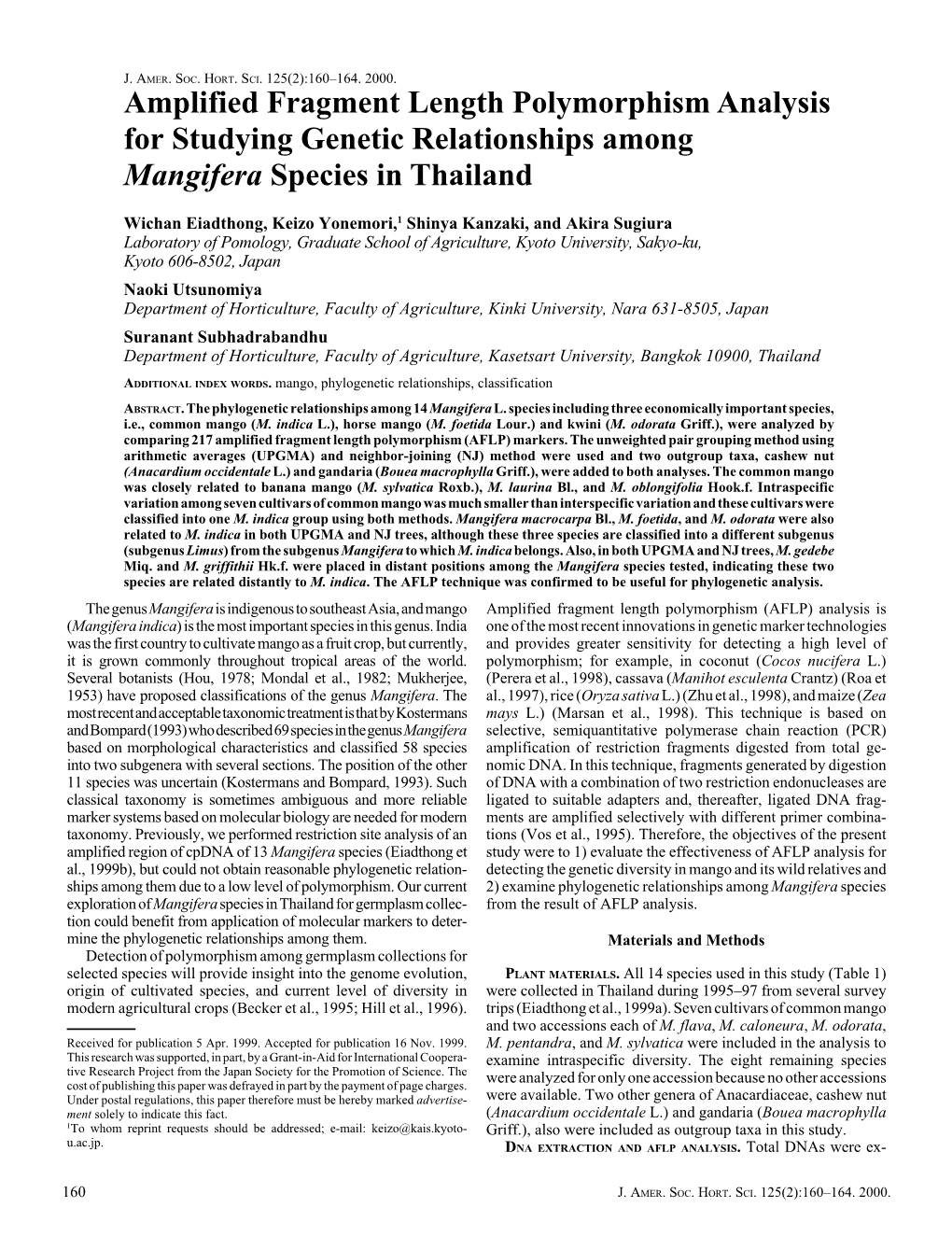 Amplified Fragment Length Polymorphism Analysis for Studying Genetic Relationships Among Mangifera Species in Thailand