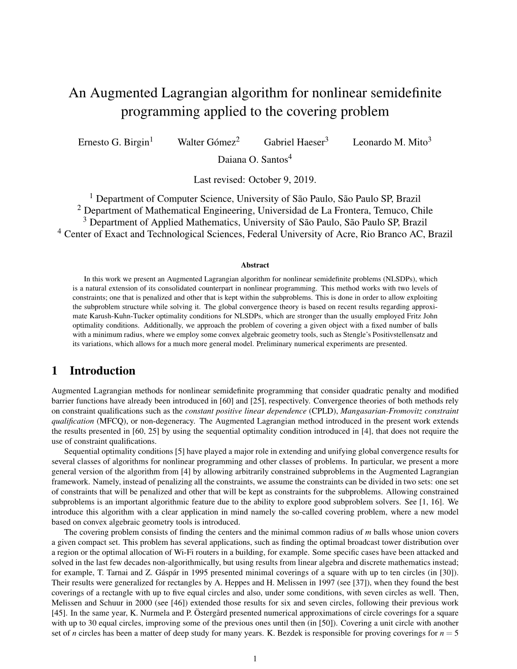 An Augmented Lagrangian Algorithm for Nonlinear Semidefinite Programming Applied to the Covering Problem