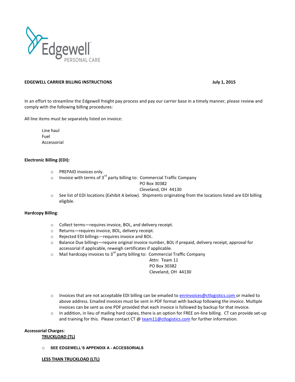 EDGEWELL CARRIER BILLING INSTRUCTIONS July 1, 2015
