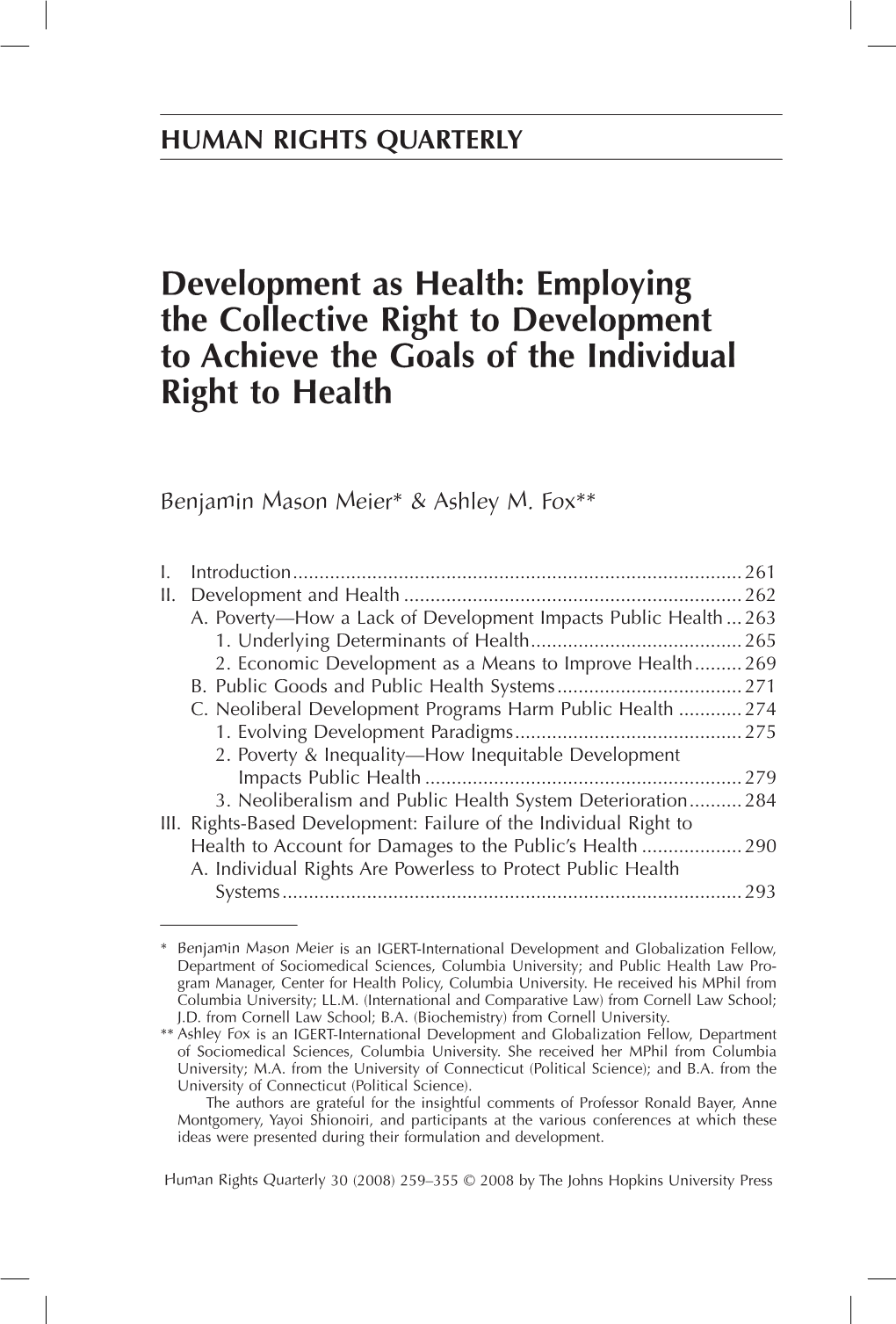 Development As Health: Employing the Collective Right to Development to Achieve the Goals of the Individual Right to Health