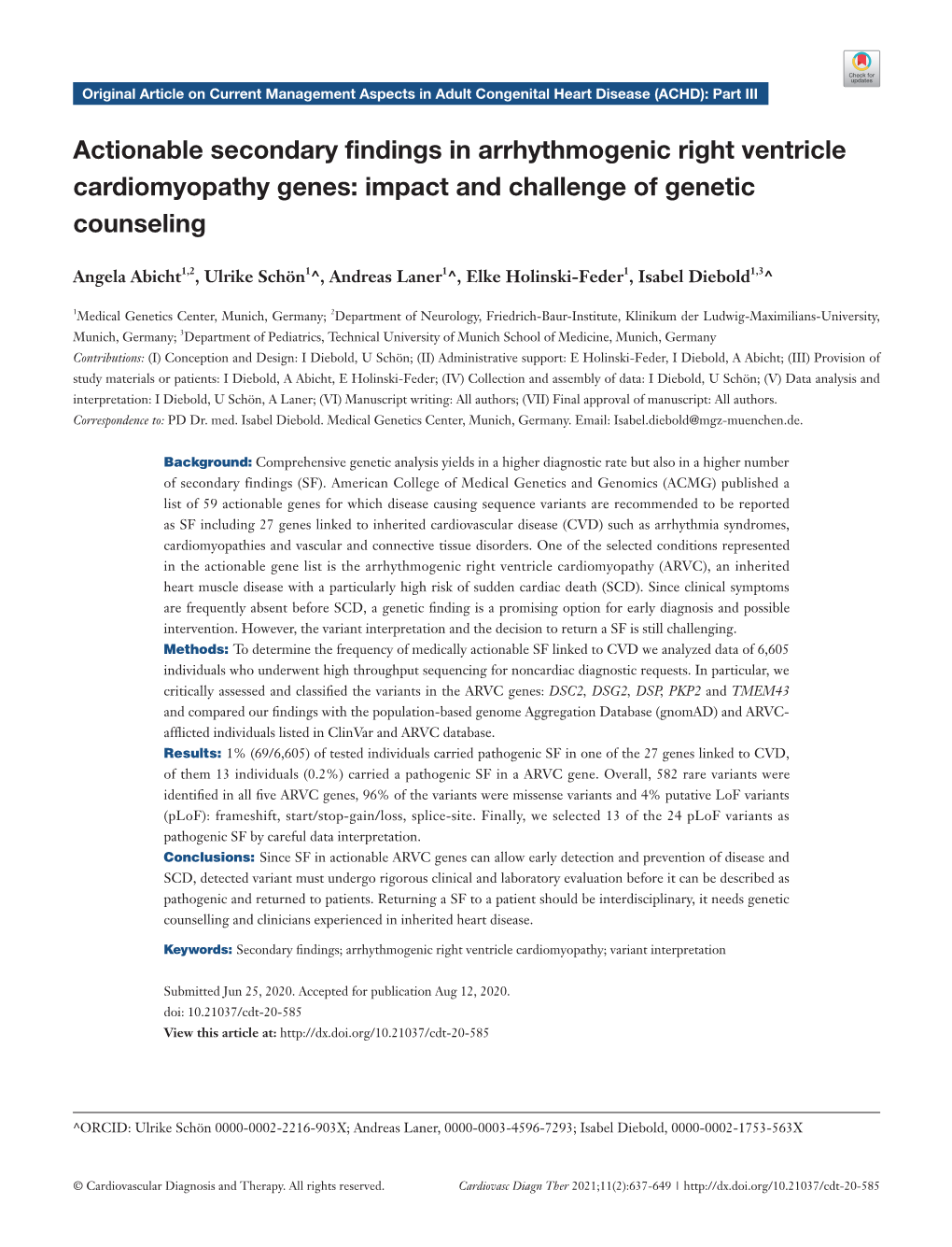 Actionable Secondary Findings in Arrhythmogenic Right Ventricle Cardiomyopathy Genes: Impact and Challenge of Genetic Counseling
