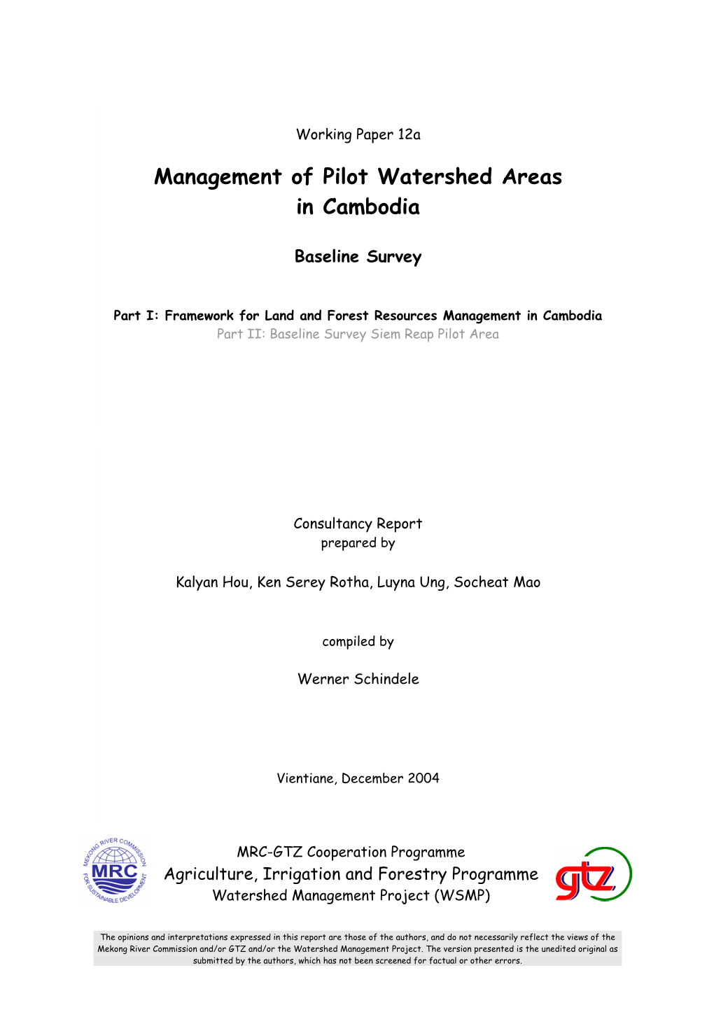 Management of Pilot Watershed Areas in Cambodia