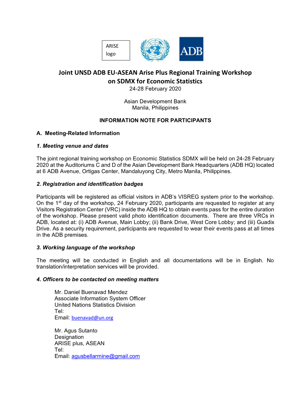Joint UNSD ADB EU-ASEAN Arise Plus Regional Training Workshop on SDMX for Economic Statistics 24-28 February 2020