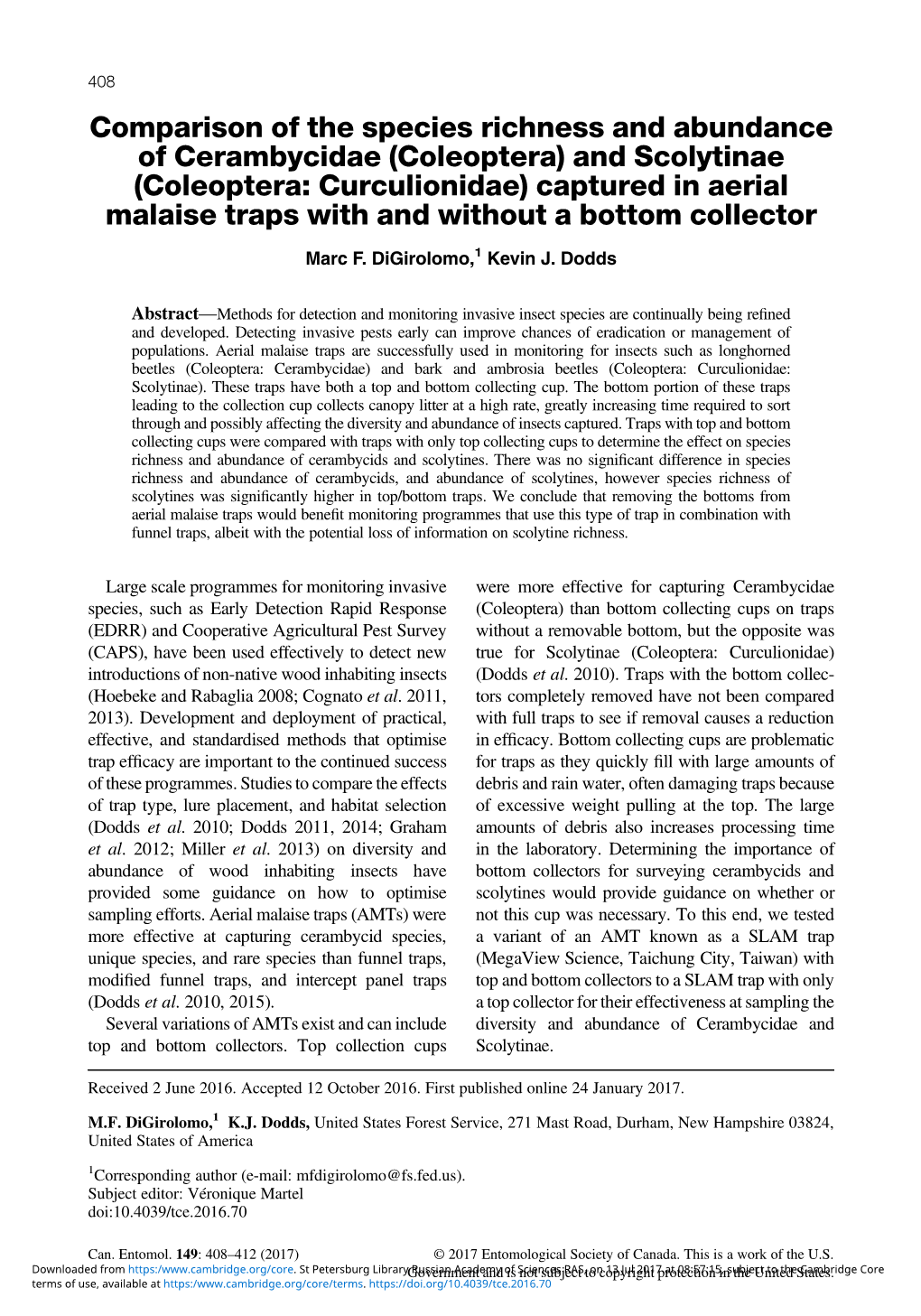 (Coleoptera) and Scolytinae (Coleoptera: Curculionidae) Captured in Aerial Malaise Traps with and Without a Bottom Collector Marc F