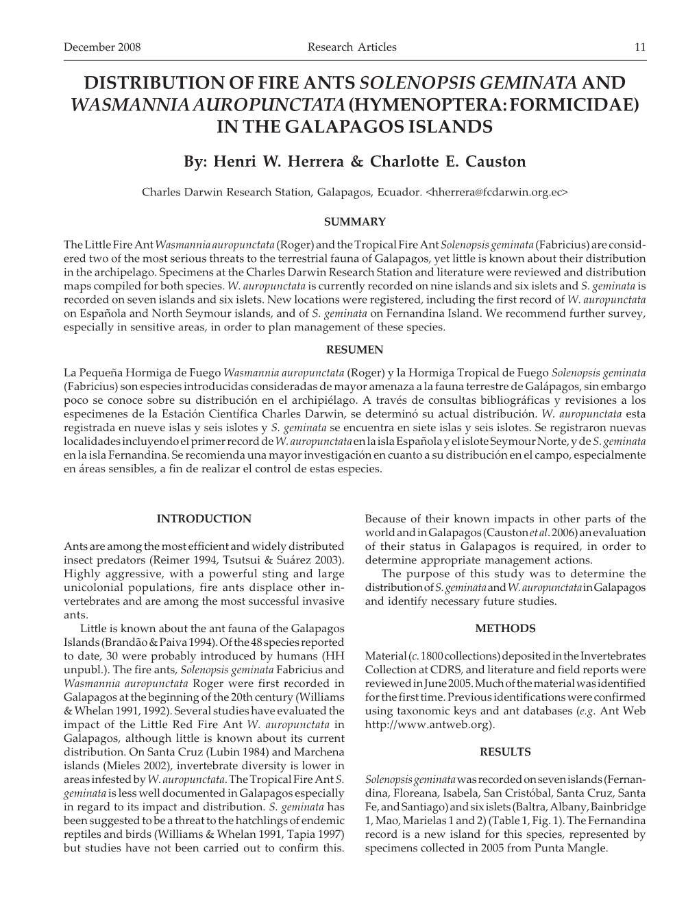 Herrera, H. W. and C. E. Causton. 2008. Distribution of Fire Ants