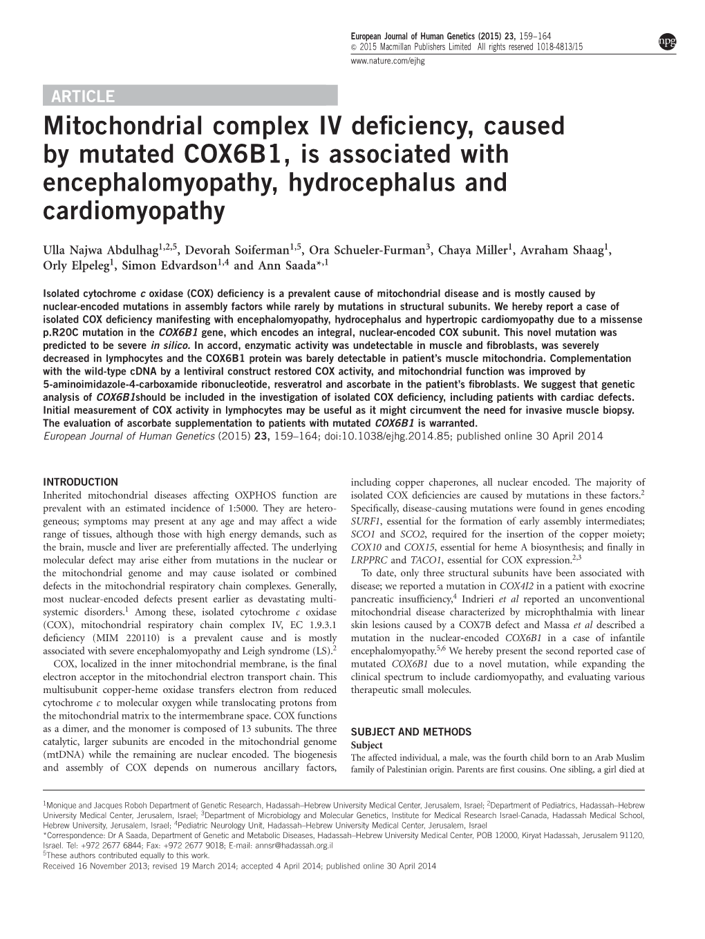 Mitochondrial Complex IV Deficiency, Caused by Mutated COX6B1, Is