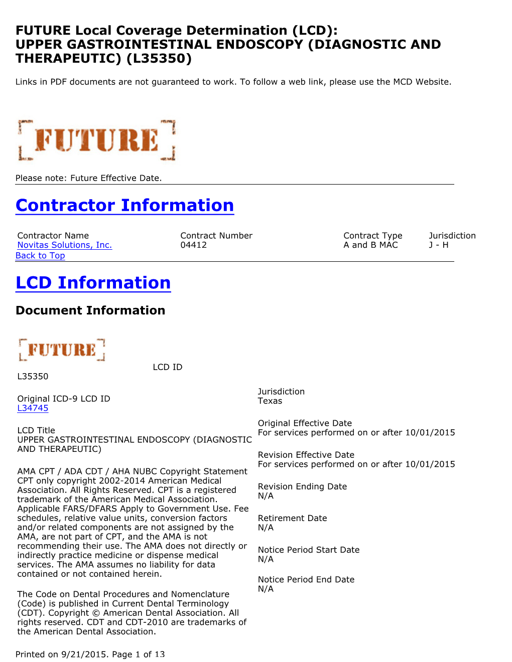 FUTURE Local Coverage Determination for UPPER