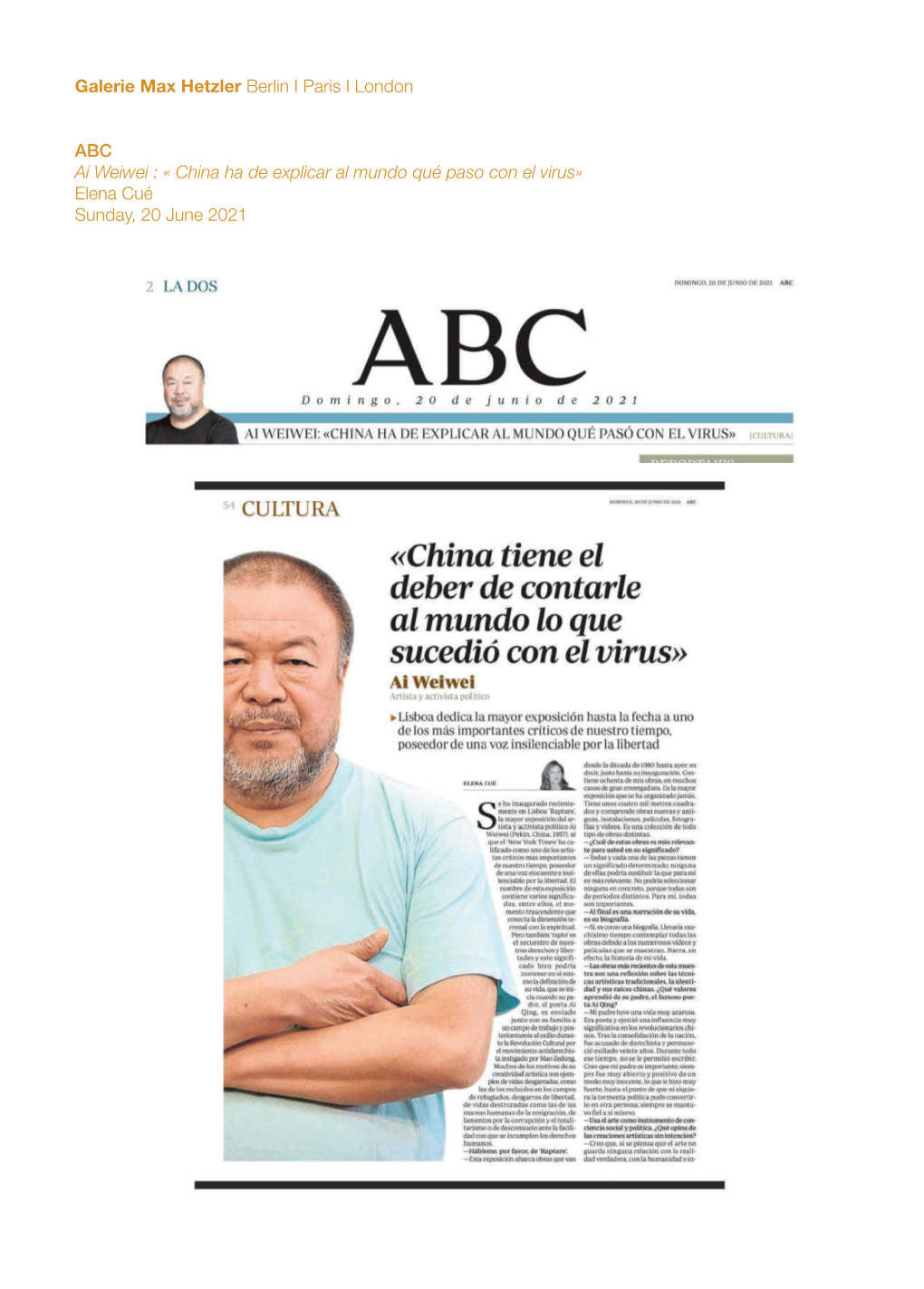 Galerie Max Hetzler Berlin I Paris I London ABC Ai Weiwei : « China