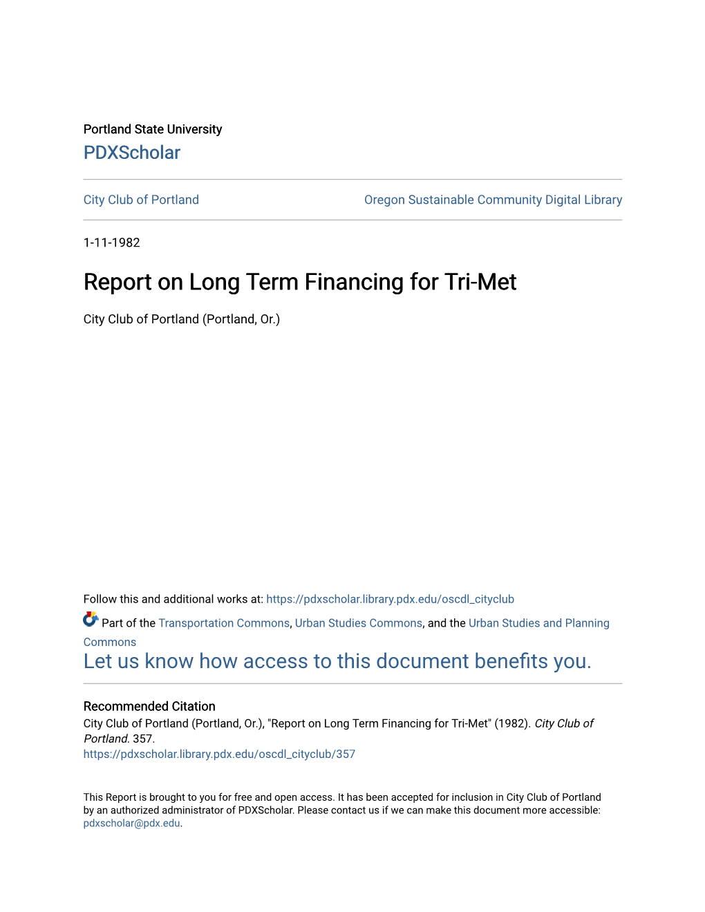 Report on Long Term Financing for Tri-Met