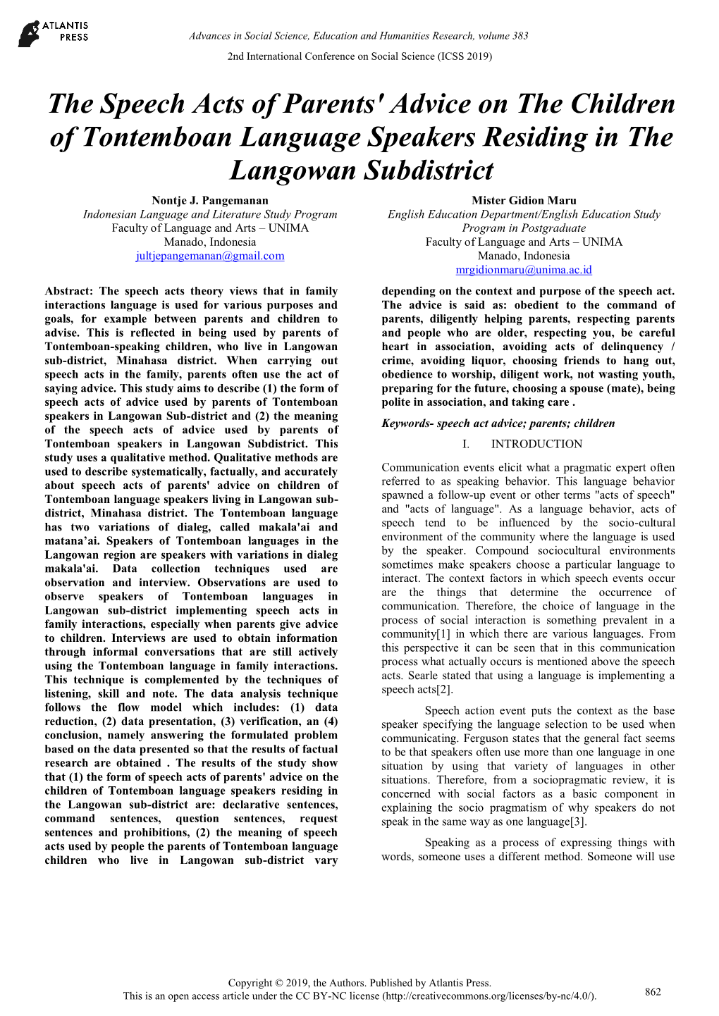 The Speech Acts of Parents' Advice on the Children of Tontemboan Language Speakers Residing in the Langowan Subdistrict Nontje J