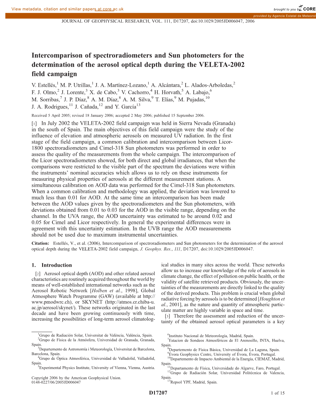 Intercomparison of Spectroradiometers and Sun Photometers for the Determination of the Aerosol Optical Depth During the VELETA-2002 Field Campaign V