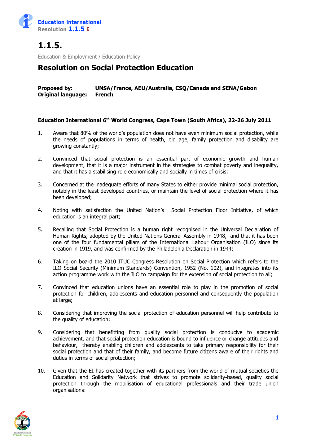Resolution on Social Protection Education