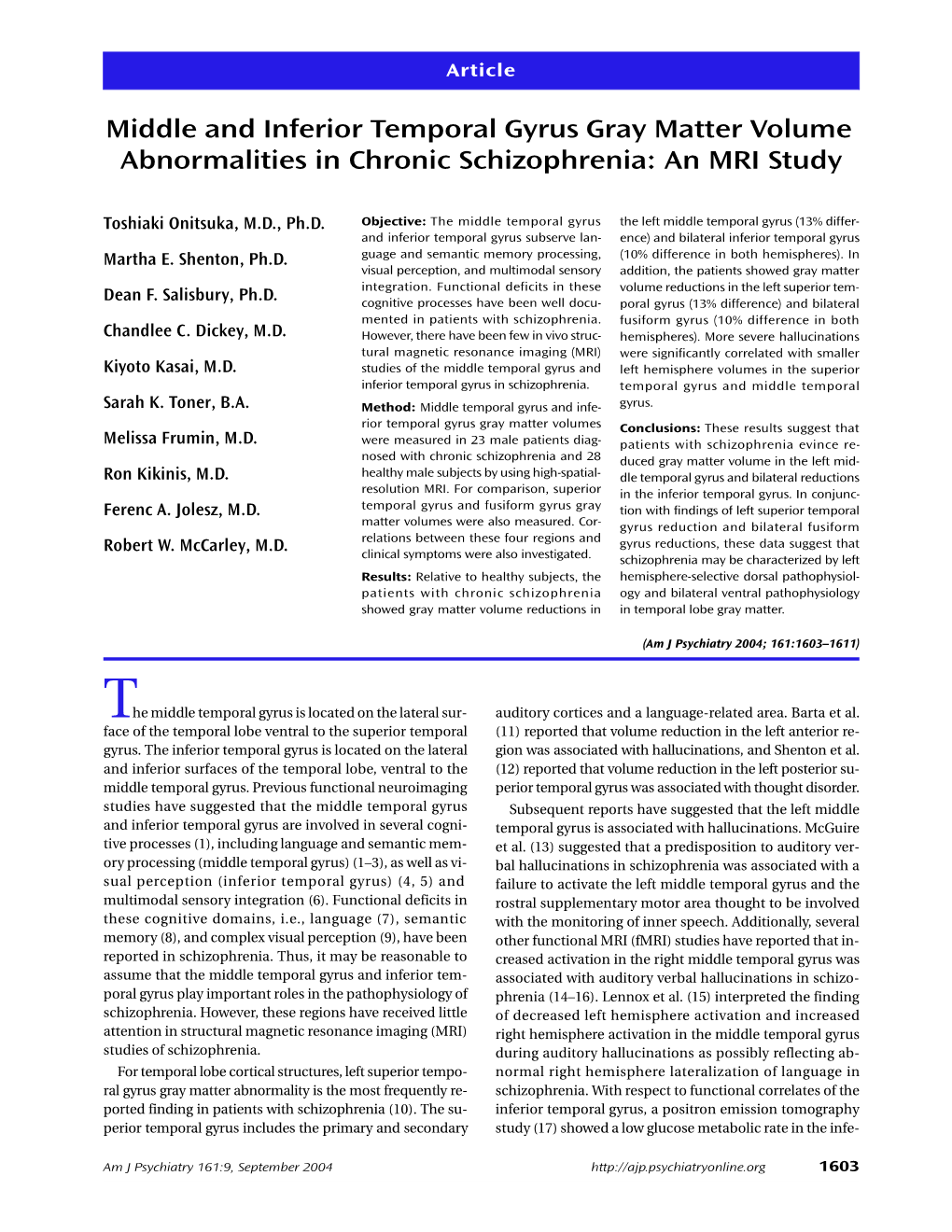 Middle and Inferior Temporal Gyrus Gray Matter Volume Abnormalities in Chronic Schizophrenia: an MRI Study