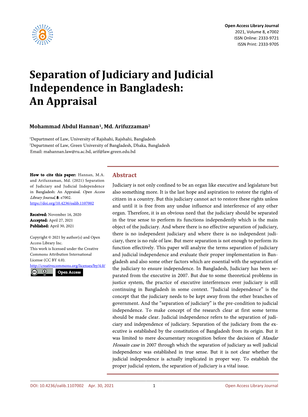 Separation of Judiciary and Judicial Independence in Bangladesh: an Appraisal