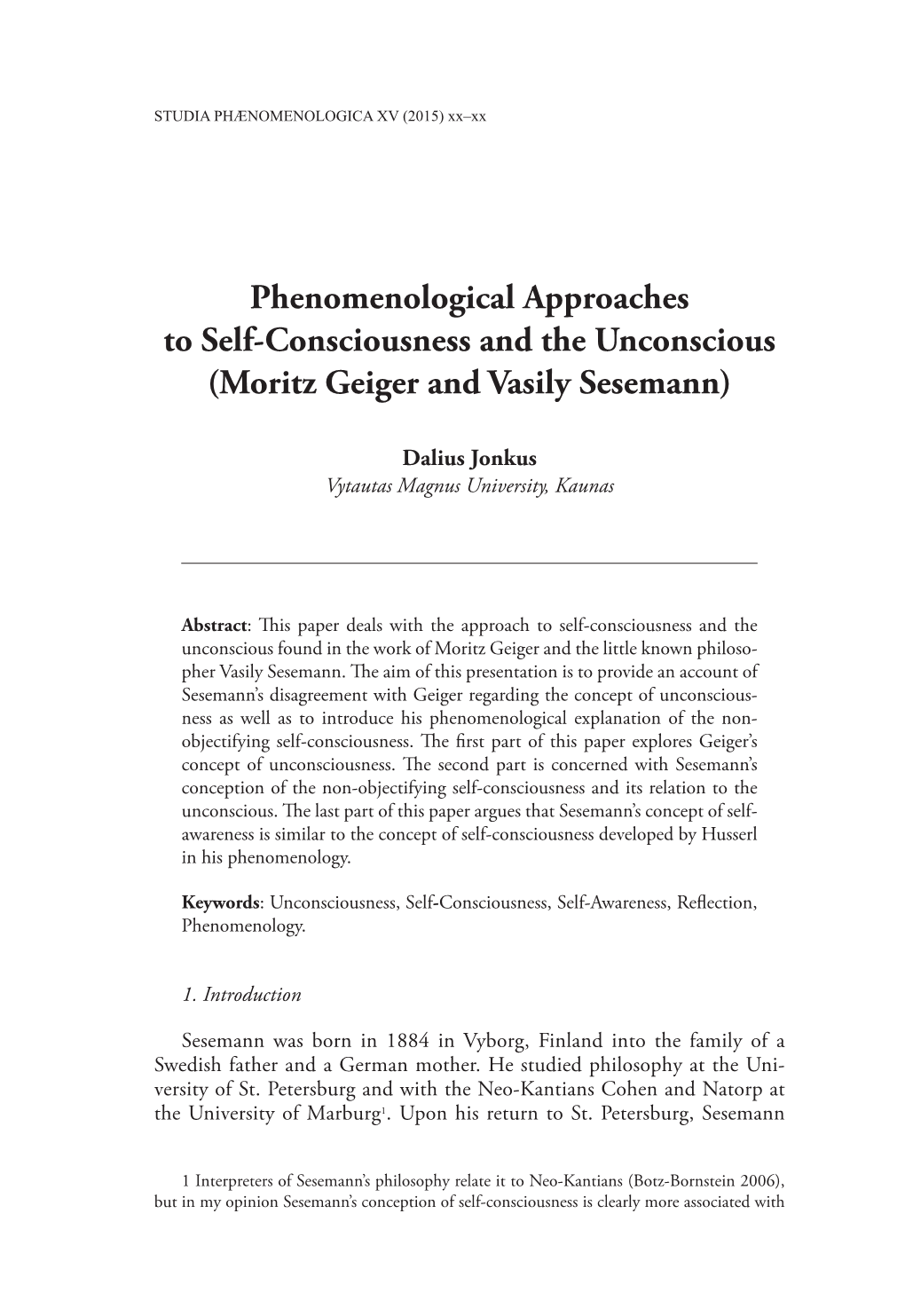 Phenomenological Approaches to Self-Consciousness and the Unconscious (Moritz Geiger and Vasily Sesemann)