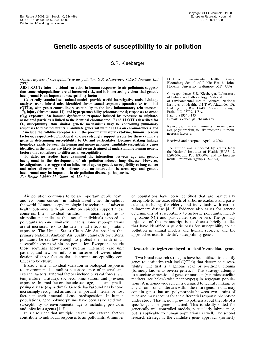 Genetic Aspects of Susceptibility to Air Pollution
