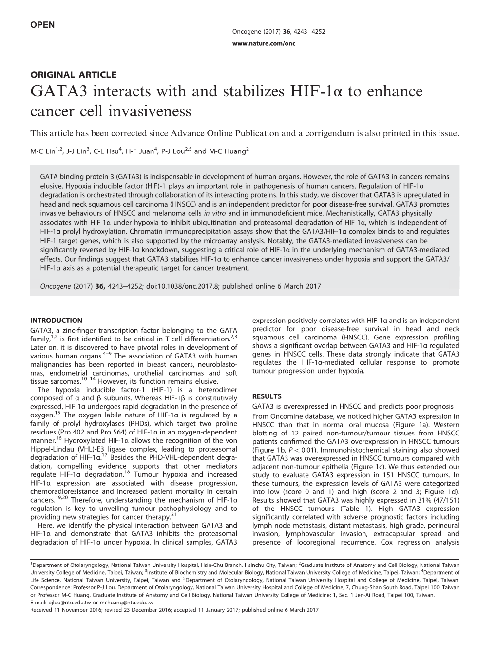 GATA3 Interacts with and Stabilizes HIF-1Α to Enhance Cancer Cell Invasiveness