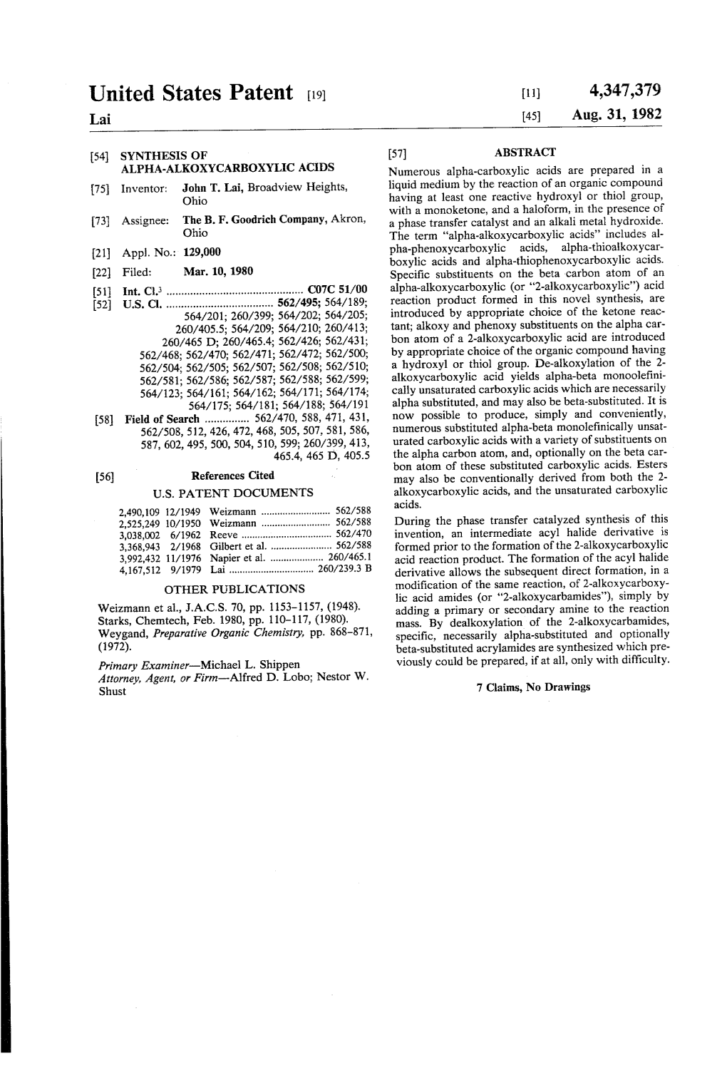 United States Patent (19) 11 4,347,379 Lai 45) Aug