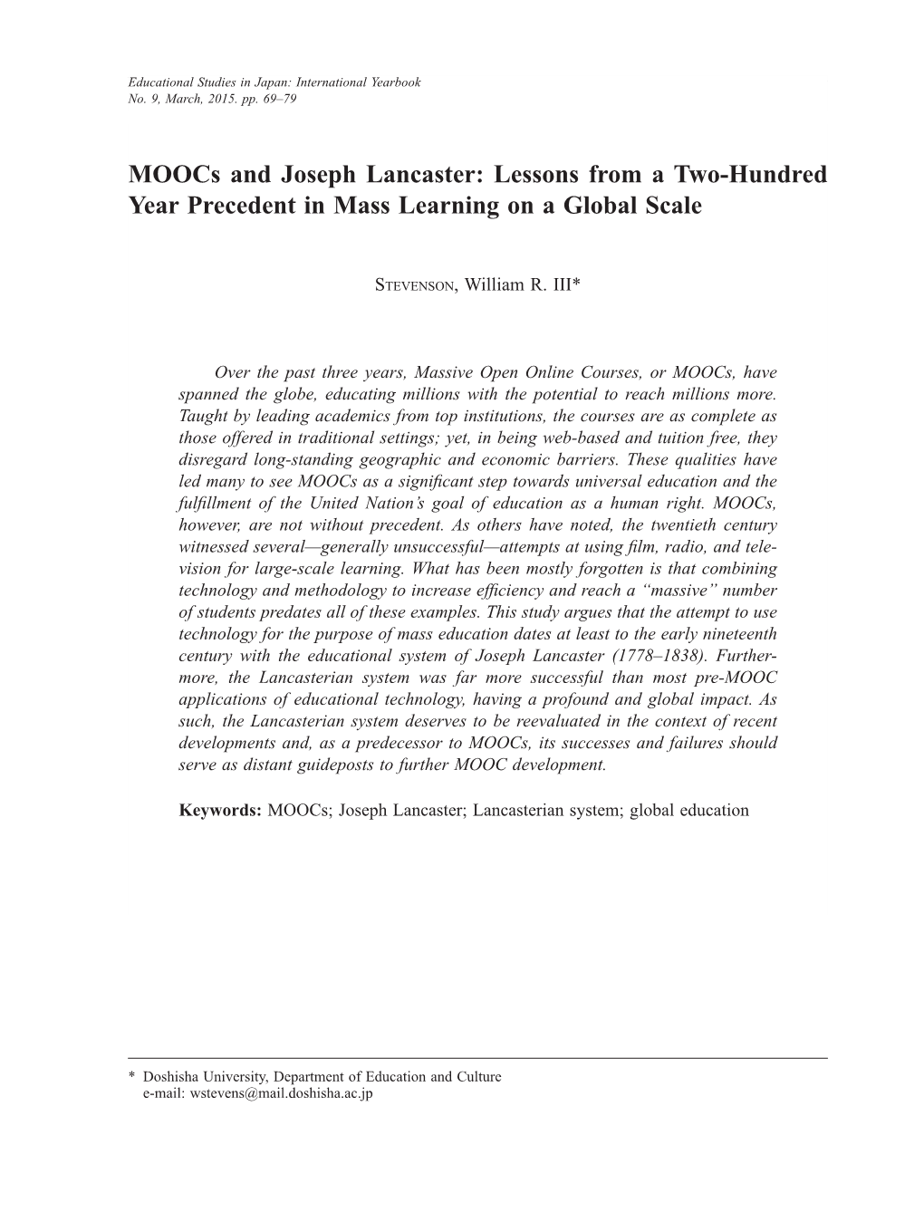 Moocs and Joseph Lancaster: Lessons from a Two-Hundred Year Precedent in Mass Learning on a Global Scale