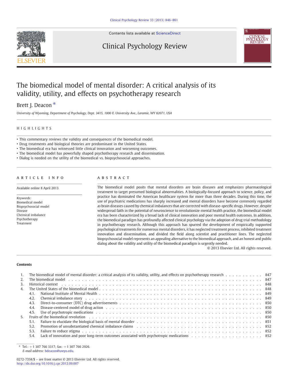 Deacon, B. (2013) the Biomedical Model of Mental Disorder