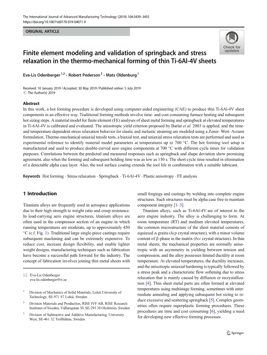 Finite Element Modeling and Validation of Springback and Stress Relaxation in the Thermo-Mechanical Forming of Thin Ti-6Al-4V Sheets