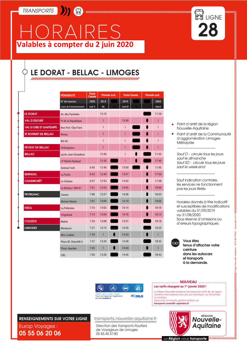 HORAIRES 28 Valablesvalables À DU Compter 01/09/19 Du AU 2 31/08/20 Juin 2020 Sauf Jours Fériés