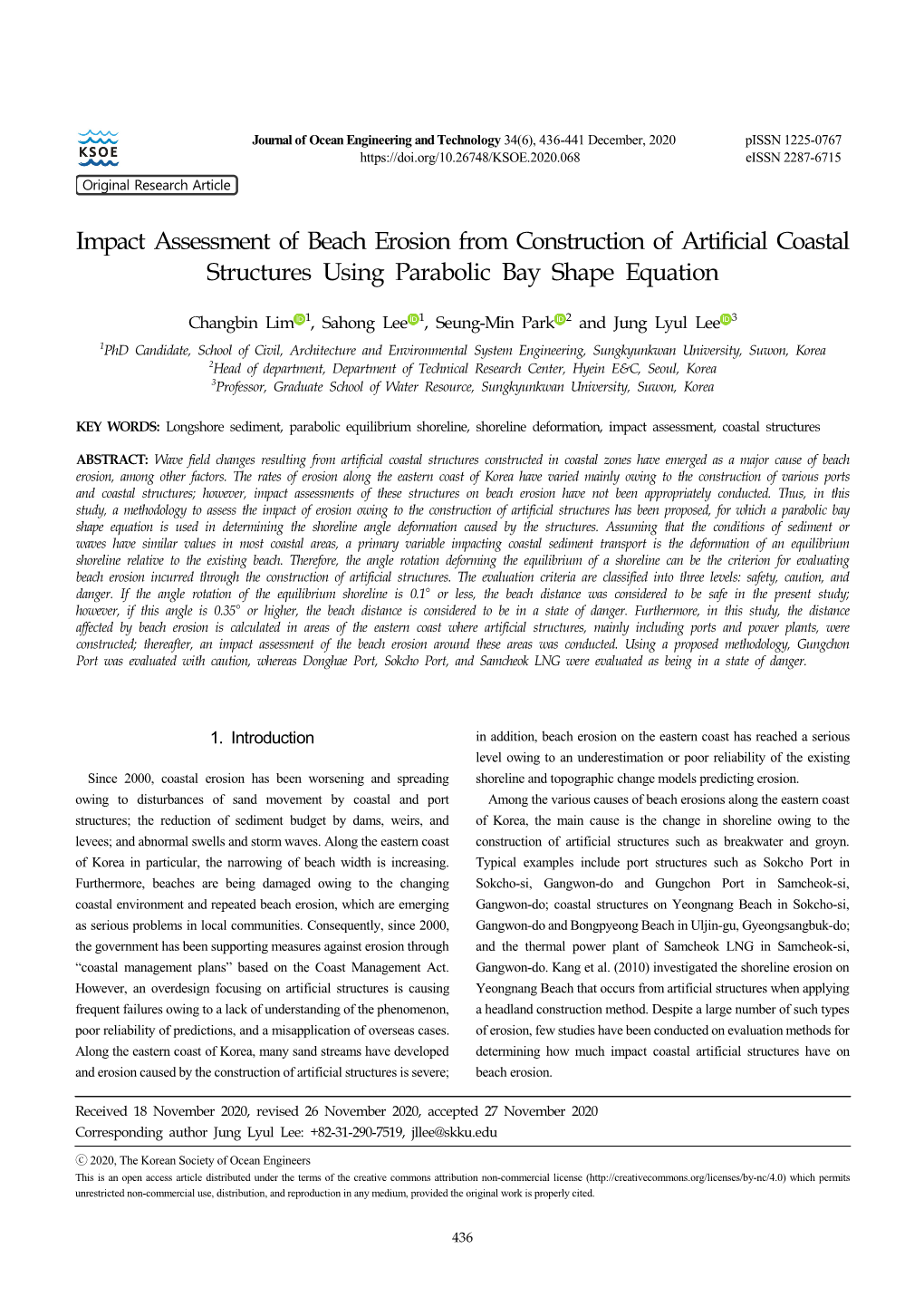 Impact Assessment of Beach Erosion from Construction of Artificial Coastal Structures Using Parabolic Bay Shape Equation