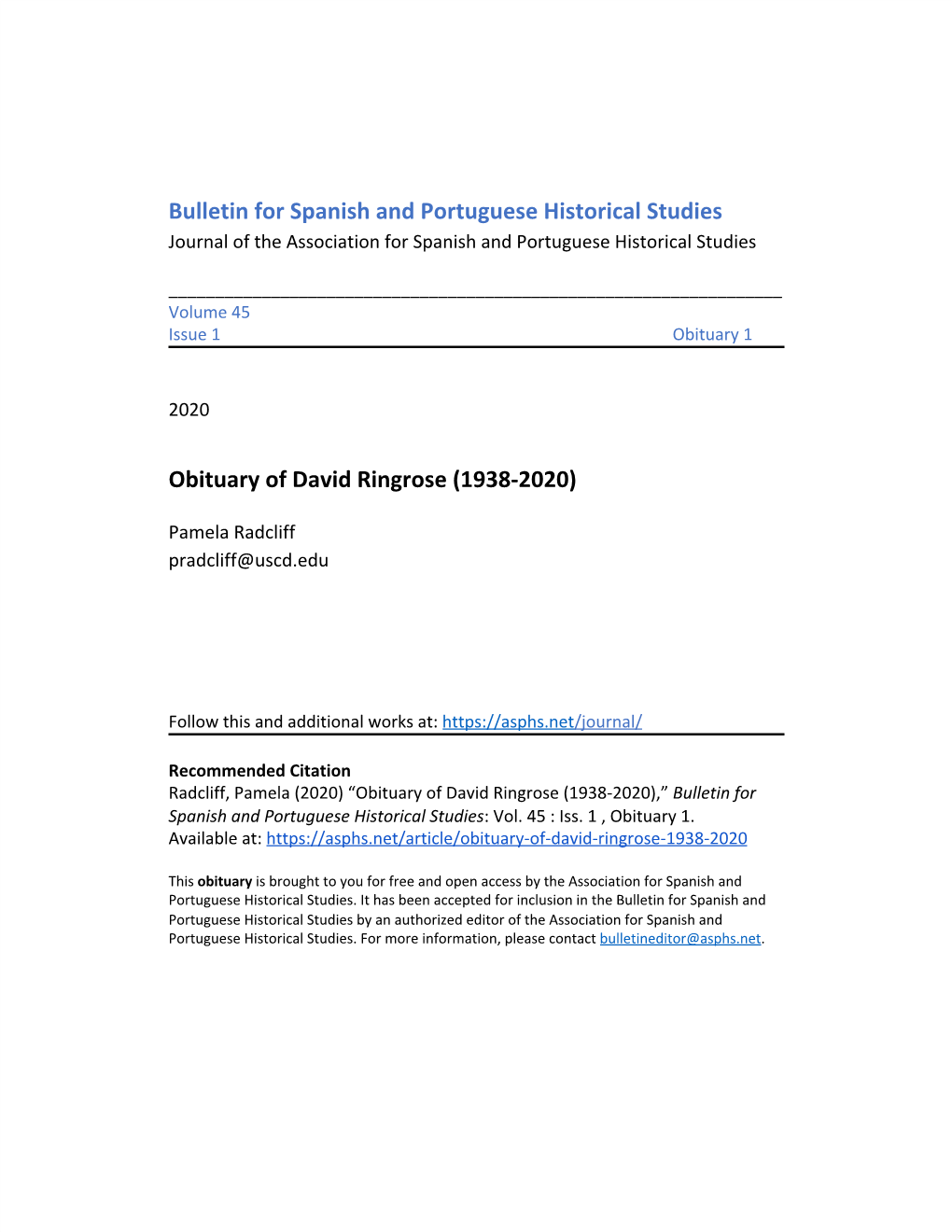 Bulletin for Spanish and Portuguese Historical Studies Obituary of David Ringrose (1938-2020)