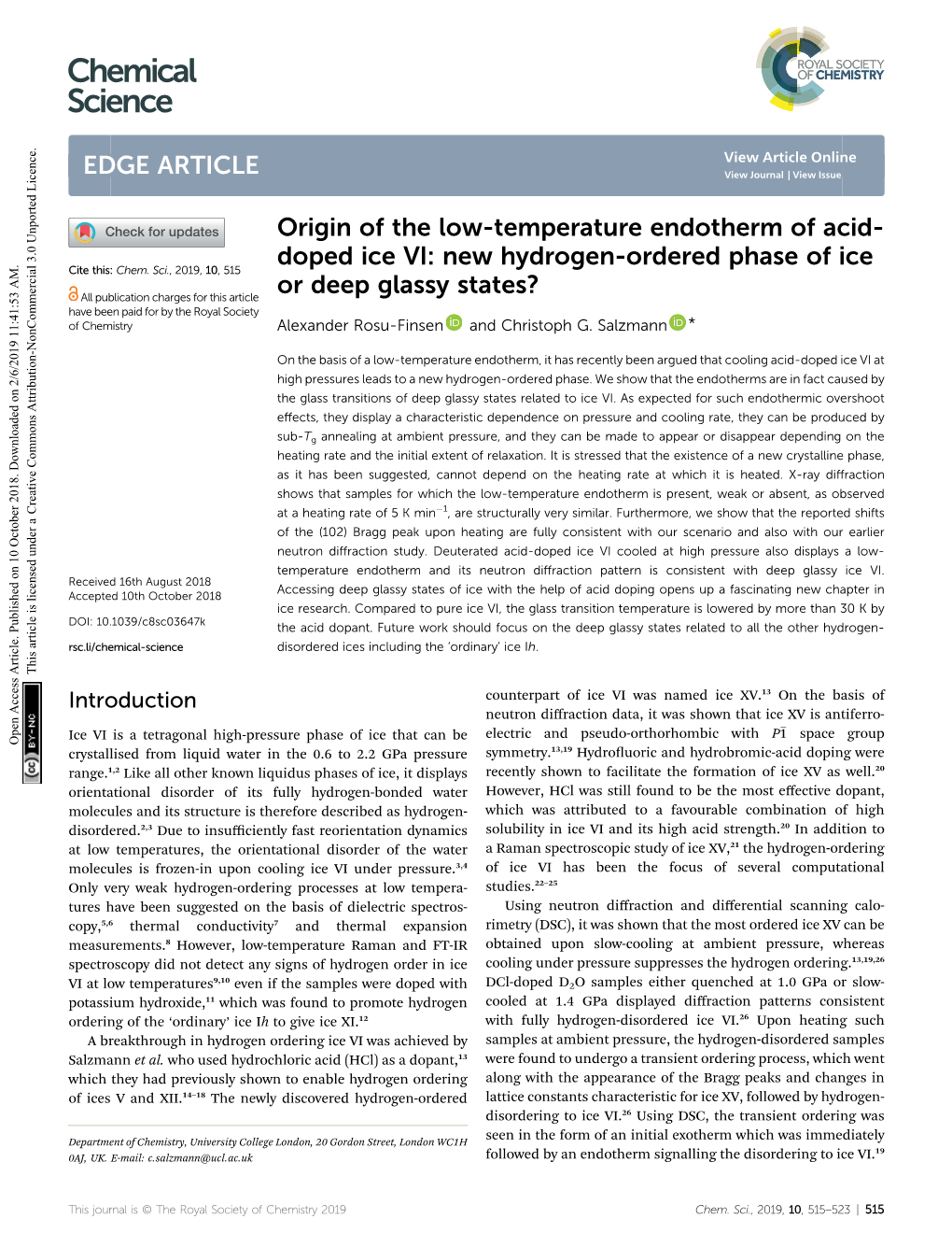 Origin of the Low-Temperature Endotherm of Acid- Doped Ice VI: New Hydrogen-Ordered Phase of Ice Cite This: Chem