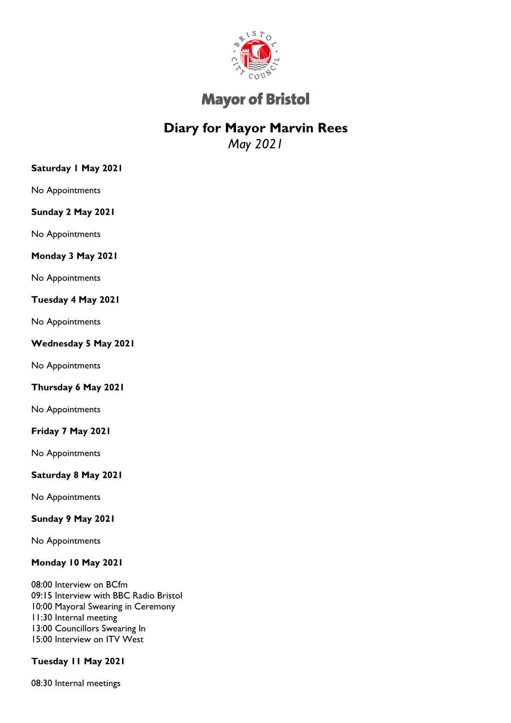 Diary for Mayor Marvin Rees May 2021