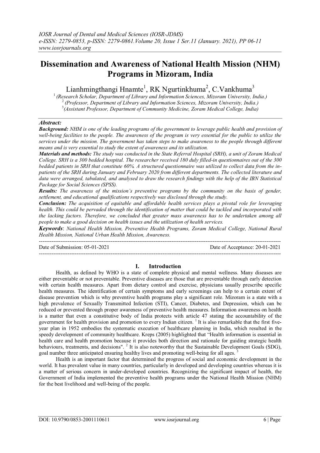 Dissemination and Awareness of National Health Mission (NHM) Programs in Mizoram, India