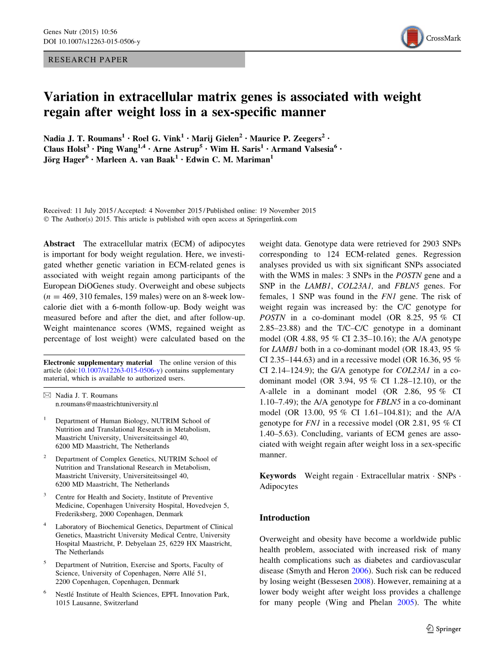 Variation in Extracellular Matrix Genes Is Associated with Weight Regain After Weight Loss in a Sex-Speciﬁc Manner