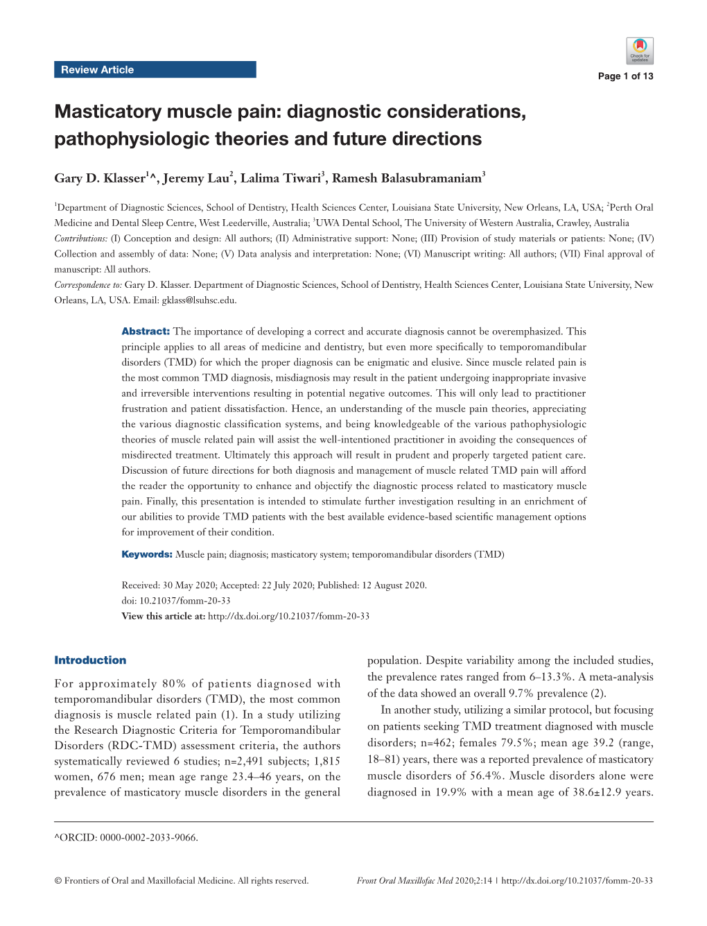 Masticatory Muscle Pain: Diagnostic Considerations, Pathophysiologic Theories and Future Directions