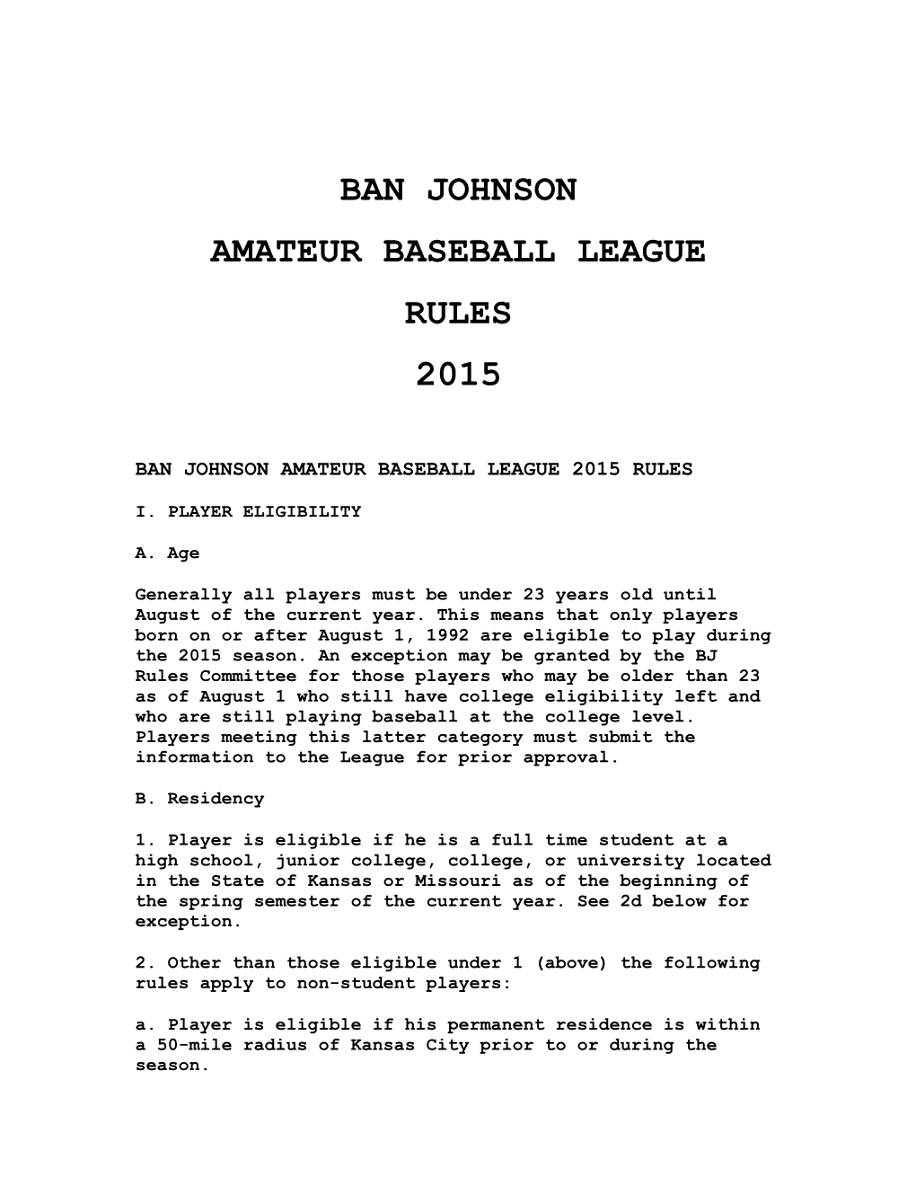 Ban Johnson Amateur Baseball League Rules 2015