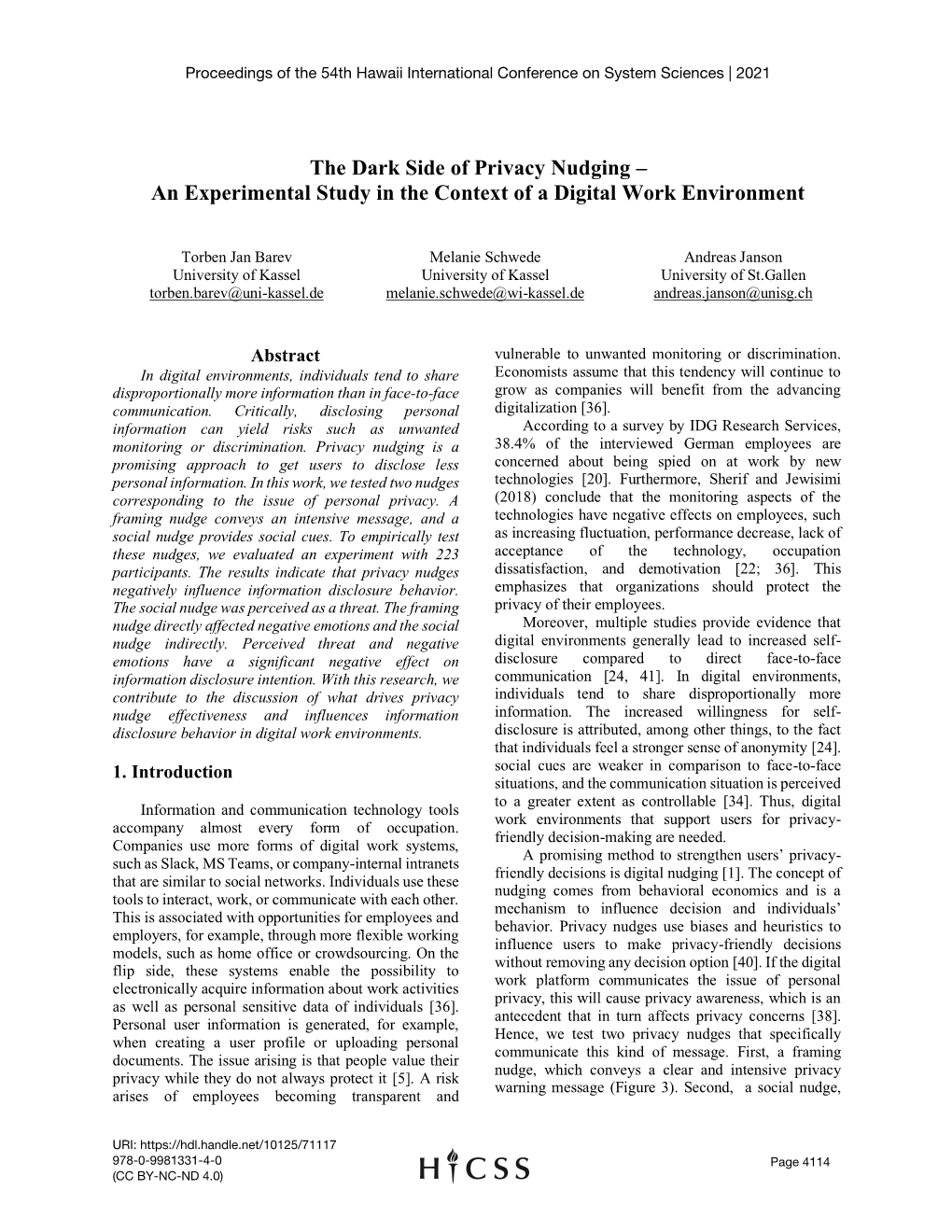 The Dark Side of Privacy Nudging – an Experimental Study in the Context of a Digital Work Environment